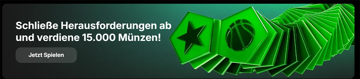 Promotional banner with green card/token icons advertising “Complete challenges and earn 15,000 coins” with a “Play now” button.